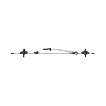 Side view of the Thule FreeRide bicycle roof rack in aluminum with the frame holder lowered.