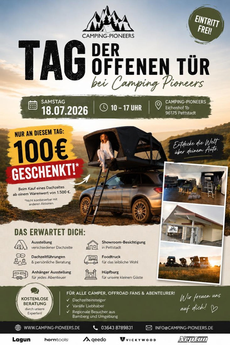 Plakat mit Showroom, Dachzelt und Eventinformationen