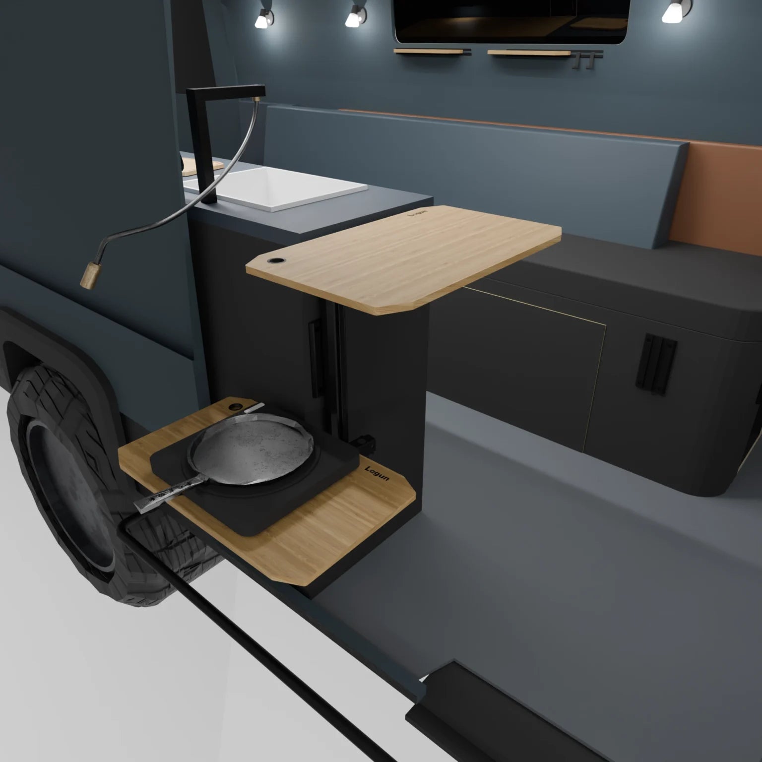 Mehrere flexible Lagun Arbeitsflächen in einem Camper
