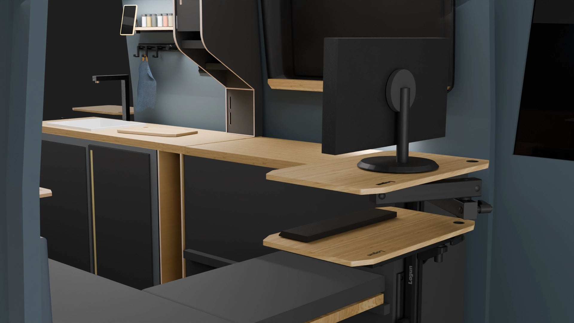 Flexible Lagun table leg with multiple adjustable work surfaces for use in a camper.